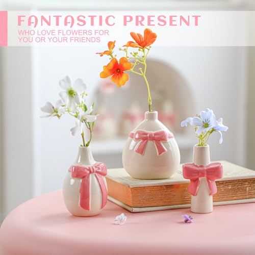 6 Pcs Pink Bow Vase Tiny Ceramic Bud Vase for Girl Coquette Home Decor Small Flower Vases Centerpieces Shelf Table for Living Room Wedding Baby Shower Decor