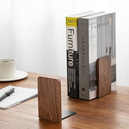 muso wood Walnut Book Ends for Shelves, 1 Pair | Non-Slip Bookends, Heavy Duty Wooden Bookend, Suitable for Books & Movies Storage - color: Walnut-1 Pair