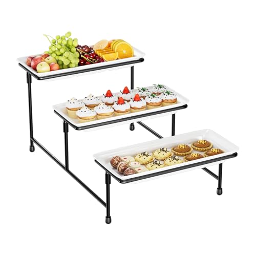 3 Tier Serving Tray for Party, 15" Steel Stand, Tiered Platter, Black | Steel frame, sturdy & stable. For cookies, veggie, dessert & fruit. Ideal for parties, weddings, BBQ & events. - color: Black, size: 15.4" x 8.1" x 3.1"