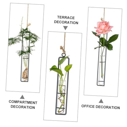 CALLARON 3 Kits Hanging Hydroponic Test Tube Vase Set with Iron Frame, Glass Plant Propagation Containers, Wall-mounted Flower Holders for Indoor and Garden Decoration