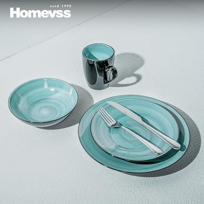 HomeVss Sonoma 16 Piece Stoneware Dinner Set, Outside Black + Inside Handpainted Color Turquoise with speckle - color: Turquoise