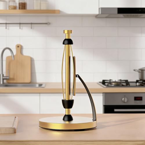 VEHHE Paper Towel Holder Countertop, Paper Towel Holder with Spring Activated Arm and Damping Effect, Simply Tear Paper Towel Stand for Bathroom and Kitchen (Gold) - color: Gold, size: Suction Base