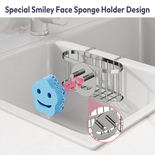 SWTYMIKI Sponge Holder for Kitchen Sink - Movable Sink Caddy with Smiley Face Sponge Holder, Rustproof Hanging Sponge Organizer in Double Bowl Sinks Depth>3.15in, Middle Divider<1.5in, Silver - color: Silver-smiley Sponge Holder
