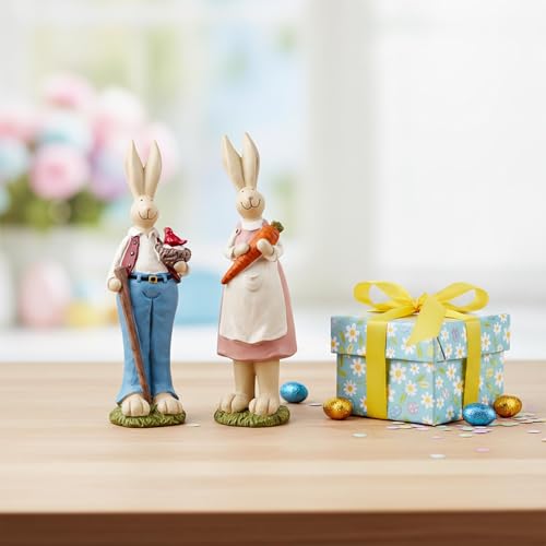 Easter Bunny Figurines Set of 2, Resin Rabbit Decor, 9.06 Inch | Resin Easter bunny decor with bird nest and carrot details for tables, shelves and spring gifts; a charming 2-piece set