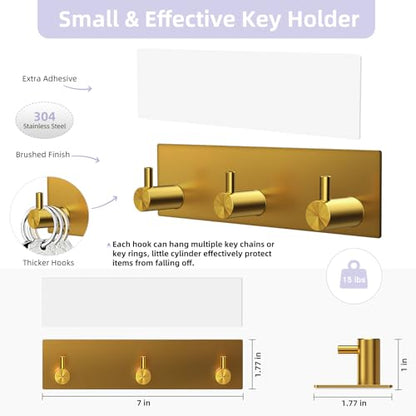 VIS'V Key Holder Wall Mount, Small Adhesive Key Hanger with 3 Hooks, Gold | Metal Material, No Drilling, Extra Adhesive Strip, Suitable for Entryway, Hallway, Doorway, Kitchen, Garage, Camper - color: Gold