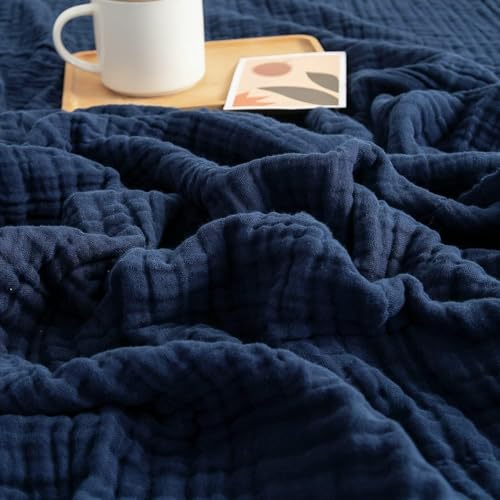 EMME Cotton Muslin Throw Blanket 4 Layer for Adults, Lightweight Breathable Gauze Blanket, Soft All Season Couch Blanket for Couch Bed Travel (Navy, 50"x60") - color: 05 - Navy, size: Throw (50" x 60")