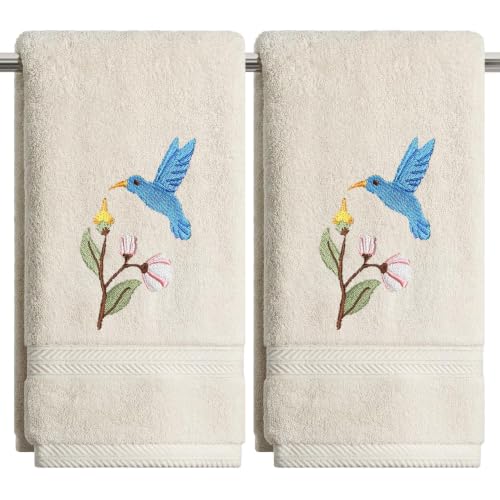Artoid Mode 2 Pcs Beige Bird Floral Embroidered Hand Towels for Bathroom, 100% Cotton Soft Absorbent Farmhouse Decor Towels, 13.7 x 29.5 Inch - color: Beige, size: 13.7" x 29.5", 2PCS