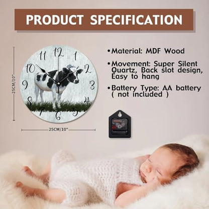 Holstein Cow Wall Clock Milk Cow Clock Kitchen Wall Clock Silent Non-Ticking Wooden Wall Clock Battery Operated Living Room Clock Farmhouse Decor Rustic Home Decor for Office 10 inch