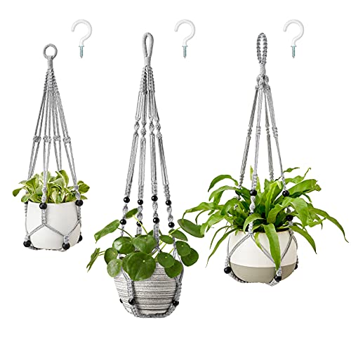 Mkono 3 Pack Macrame Plant Hangers Hanging Planters for Indoor Plants Grey | 3 Sizes 35"/29"/23" Hanging Plant Holder Basket with Beads, Boho Home Decor for Patio Balcony Living Room, Pots Not Included - color: Gray, size: Medium