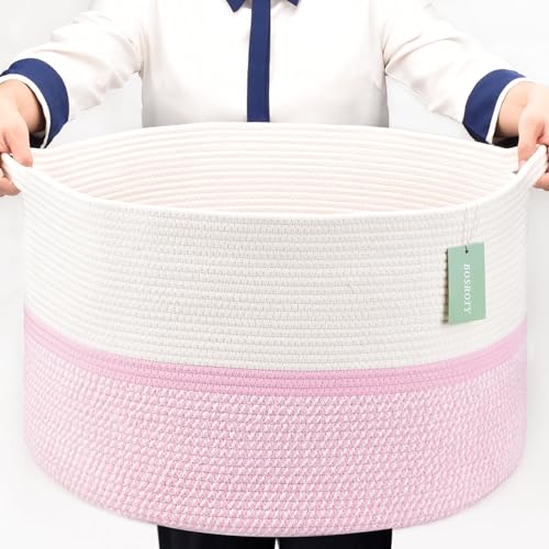 Cotton Rope Basket for Girls Kids, 87L Laundry Hamper, White & Pink | Collapsible Woven Nursery Hamper, Sturdy Handles for Clothes Toys Towels, Ideal for Living Room Bedroom Bathroom - color: Blend White & Pink, size: 87L (22"x14")