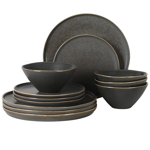 Gibson Elite Coastal Forest Plates and Bowls Sets, 12-Piece Stoneware Dinnerware Sets, Triple Reactive Glaze Dish Set - Black - color: Black (Coastal Forest), size: Service for 4 (12pcs)