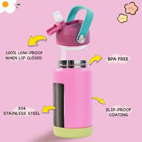 Kerilyn 12oz Kids Water Bottle, Stainless Steel Insulated Water Bottle for Kids, Toddler Cup with Straws Leak-Proof, Kids Water Bottles for School Boys Girls, BPA Free, Rose Red - color: Rose Red