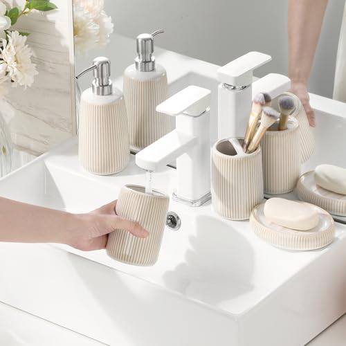vancasso Ceramic Bathroom Accessories Set 4 Piece, Soap Dispenser with Stainless Steel Pump, Toothbrush Holder, Tumbler and Soap Dish, Modern Relief Design, Bathroom Decor Organizer, Beige-White - style: Beige-White
