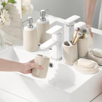 vancasso Ceramic Bathroom Accessories Set 4 Piece, Soap Dispenser with Stainless Steel Pump, Toothbrush Holder, Tumbler and Soap Dish, Modern Relief Design, Bathroom Decor Organizer, Beige-White - style: Beige-White