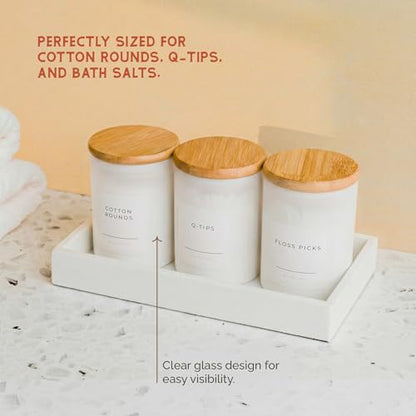 Mini Glass Apothecary Jars with Bamboo Lids, Small Bathroom and Kitchen Storage Containers, For Cotton Balls, Pads and Swabs, 10 oz, Set of 3, White - color: White