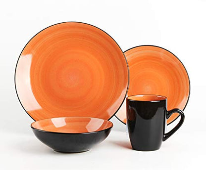 HomeVss Sonoma 16 Piece Stoneware Dinner Set, Samoa, Outside Black + Inside Hand painted Combi Colors of Grey, Orange, Purple and Turquoise) with speckle - color: Combi Grey, Orange, Purple and Turquoise