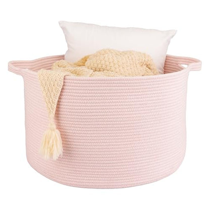 XUANGUO Extra Large Cotton Rope Round Storage Basket 22" x 14" Pink | Woven basket for blankets, toys, towels, laundry, nursery, living room and pet toy storage. - color: pink