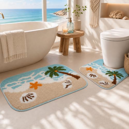 2 Piece Beach Bathroom Rug Set, Absorbent Bath Mat and U-Shaped Toilet Rug | Small-Space Coastal Refresh, Ocean-Wave Details, Two-Zone Floor Coverage, Soft Quick-Dry Comfort, TPR Grip, Machine Wash Care - color: Blue Beach