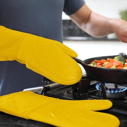 BPA-Free Soft Silicone Oven Mitts - Ultra Heat Resistant Oven Mitts with Thick Cotton Liner - Long Slip Resistant Pot Holders, Flexible Oven Gloves - Yellow 13.7" - color: Yellow, size: 2-Piece 13.7" Oven Mitts