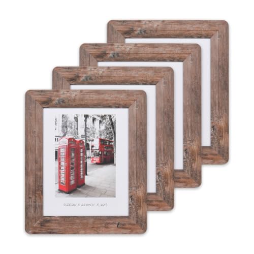 8x10 Picture Frames Set, Set of 4 Wooden Picture Frames Real Tempered Glass and Composite Wooden Rustic Rounded Corners Photo Display for Tabletop Wall Mount (Brown) | Rounded Corner Barn Wood Frame, Kid-Safe Tempered Glass, Wall Mount & Tabletop Vertical