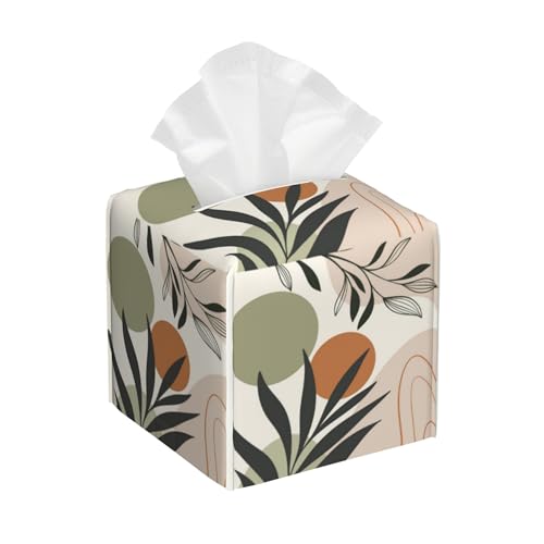 Boho Geometric Art Square Tissue Box Cover Abstract Leaves Tissue Box Holder Facial Cube Paper Dispenser Leather Decorative Organizer Home Office Desk Decor, 5.2"x5.2"x5.2" - color: Abstract Leaves