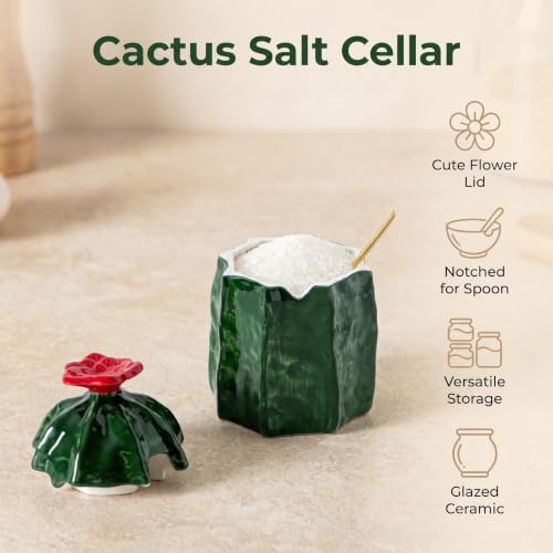 Cactus Ceramic Salt Cellar Sugar Bowl with Red Flower Lid and Gold Spoon | Green cactus ceramic salt cellar sugar bowl with red flower lid, notch, and gold spoon for kitchen countertop spice decor.