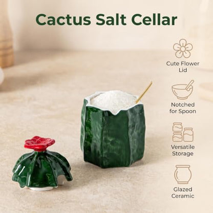 Cactus Ceramic Salt Cellar Sugar Bowl with Red Flower Lid and Gold Spoon | Green cactus ceramic salt cellar sugar bowl with red flower lid, notch, and gold spoon for kitchen countertop spice decor.