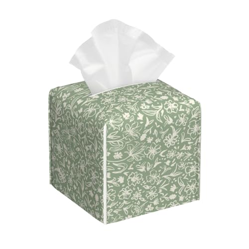 Sage Green Tissue Box Cover Square,Flowers Herbs Leaves Tissue Box Holder Waterproof Leather Facial Paper Organizer Dispenser for Bathroom Home Car Kitchen Nightstand Vanity Desk Decoration - color: Sage Green