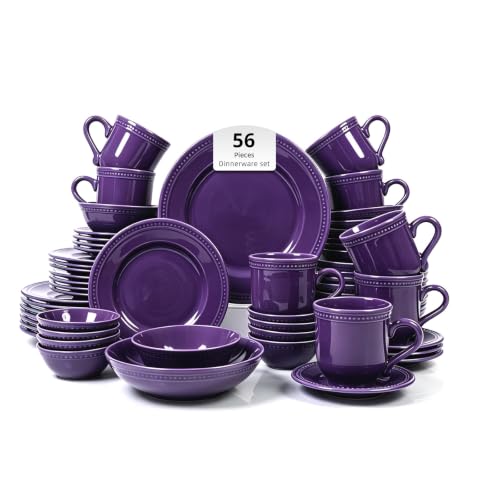 HomeVSS 56-Piece Pearl Dots Stoneware Dinnerware Set, Purple, Service for 8 | plates and bowls sets，dinnerware sets for 8,Pearl Dots Dinnerware，Microwave and Dishwasher Safe - color: Purple, size: 56pc Set