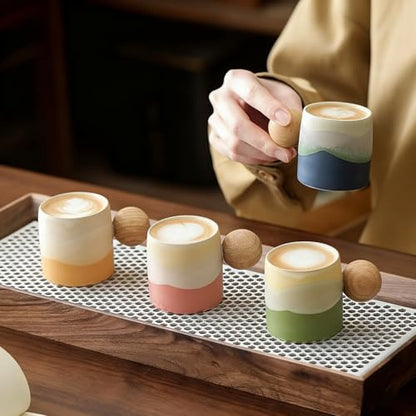 2.4oz Ceramic Espresso Cups Set of 4, Small Coffee Cups with Wooden Handle, Gradient Color Demitasse Cups, Ceramic Tea Cups Gift Box Packaging (Round Handle) - color: Round Handle