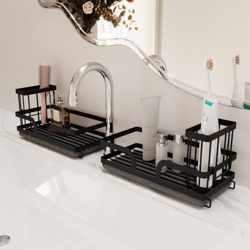 Sponge Holder for Kitchen Sink Caddy with Stone Drying Tray 2 PCS | No Draining Needed, Removable Brush Holder，Sink Caddy Organizer,Countertop Storage, Bathroom, Home Decor Accessories - color: Black, size: 21-10 2PCS