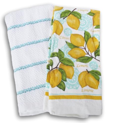 100% Cotton Kitchen Towel Set 2 Pack (Lemons and Blue) - color: Lemons and Blue