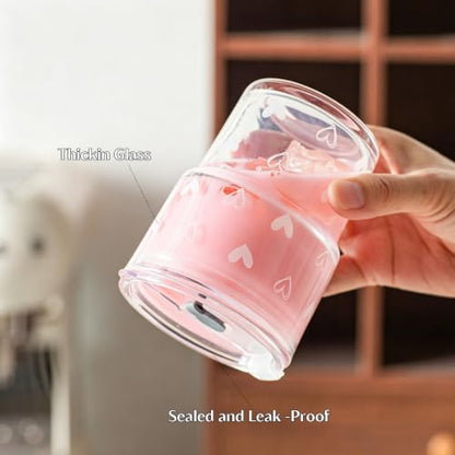INSETLAN 13 oz Heart Decal Glass Tumblers Set of 2, Thick Wall Glass Cups with Lid and Glass Straw, On-the-Go Coffee Cups for Iced Coffee, Tea, Milk, Hot & Cold Drinks, Travel & Daily Use - color: 13 oz - 2 Pcs - With Heart Decal
