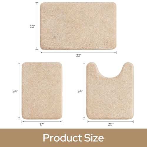 HOMEIDEAS Upgraded Bathroom Rugs Set 3 Piece, Ultra Soft Memory Foam Bath Mats, Super Absorbent Non Slip Washable U-Shaped Toilet Bath Rug (Beige, 17"x24"+20"x32"+U-Shaped 20"x24") - color: Beige