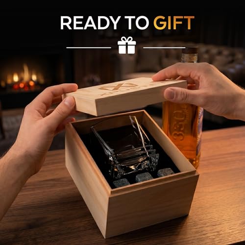 XRUSTAL Whiskey Glass Gift Set for Men, 10.5 oz Old Fashioned Crystal Glass with 3 Stone Whiskey Chilling Rocks, Bag and Wooden Gift-Ready Box, Bourbon Scotch Gift for Dad Husband Boyfriend (Wave)