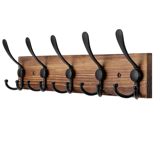 Kuhome Coat Rack Wall Mount Wooden Hat Rack for Wall Hooks Pine Real Wood Plank 16.9" Brown Coat Hanger with 5 Triple Hooks for Hanging Coat Hat Jacket - color: Brown Plate & Black Hook, size: 1 Item-5 Hooks