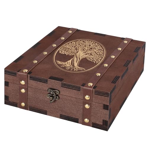 MACEVIA Tree of Life Wooden Keepsake Box Memory Tarot Witch Box with Lids | Jewelry Organiser with Lock Vintage Decorative Storage Unique Gift for Women Mom Grandma (7.85x7.85x2.95") - color: 02 Tree of life