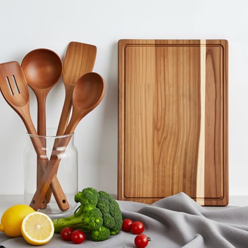 17.3x11.8 Inch Acacia Wood Cutting Boards for Kitchen, Reversible Wooden Chopping Board Large Wooden Charcuterie Board with Deep Juice Grooves & Non-Slip Handle for Meat Turkey Fruit and Cheese