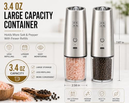 Automatic Electric Gravity Salt and Pepper Grinder Set, Rechargeable, One-Hand Operation, Dual USB-C Charging Cable, Adjustable Ceramic Burr, LED Light, Stainless Steel, 3.4 Oz - color: Stainless Steel