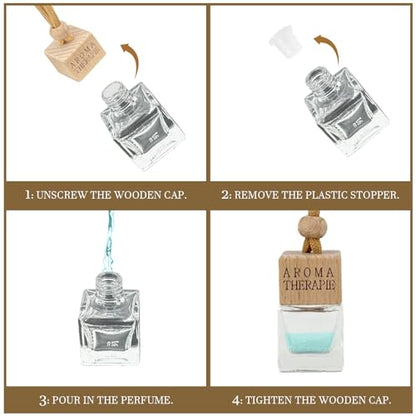 4-Pack Refillable Car Air Freshener Hanging Diffuser Empty Glass Bottle with Wooden Cap & Reed Sticks Essential Oil Aromatherapy Pendant Drift Car Fresheners for Women Men-Car Accessories - size: Square - 4PCS