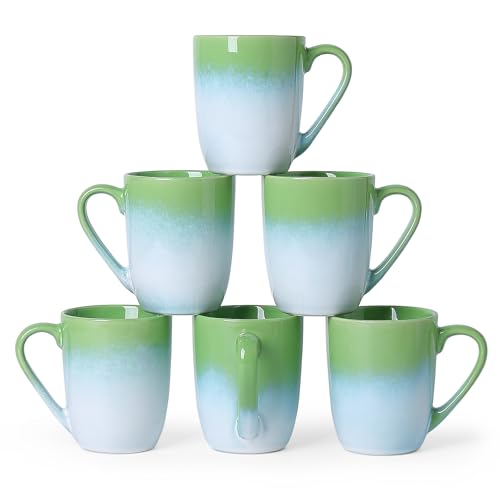 MONITO 17oz Ceramic Coffee Mugs Set of 6, Green Gradient Mugs with Handle | Mugs with Gold Rim for Latte,Tea&Cocoa,Dishwasher&Microwave Safe,Reactive Glaze Cups,Ideal Gift for Office and Home Use - color: White-green(14oz)