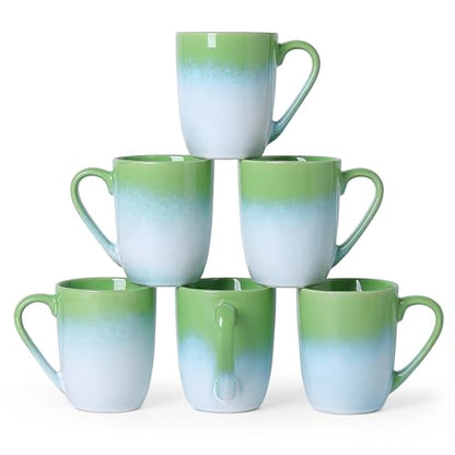 MONITO 17oz Ceramic Coffee Mugs Set of 6, Green Gradient Mugs with Handle | Mugs with Gold Rim for Latte,Tea&Cocoa,Dishwasher&Microwave Safe,Reactive Glaze Cups,Ideal Gift for Office and Home Use - color: White-green(14oz)