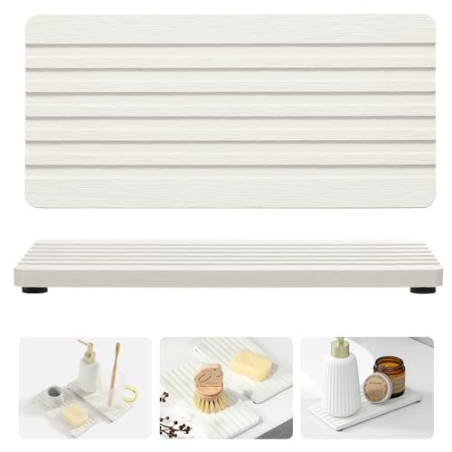 2PCS Diatomite Quick Stone Drying Tray Mat for Bathroom & Kitchen Counter, Instant Dry Water Absorbent Drink Bar Coasters,Vanity Sink Caddy Organizer,Dish Soap Sponge Holder, Ivory,8"x3.8" - color: 2pc - 8"x 3.8" - Ivory