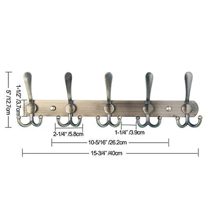 Wall Mounted Coat Rack - 5 Tri Hooks, Heavy Duty, Stainless Steel, Metal Coat Hook Rail for Coat Hat Towel Purse Robes Mudroom Bathroom Entryway (Bronze, 2 Packs) - color: Bronze, size: L=16" (2 Pcs)