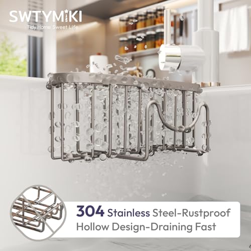 SWTYMIKI Sponge Holder for Kitchen Sink - Movable Kitchen Sink Caddy with M Hook Stainless Steel Hanging Sponges Caddy Organizer in Double Bowl Sinks Depth>3.15in, Middle Divider<1.5in, Sand Nickel L - color: Sand Nickel-large