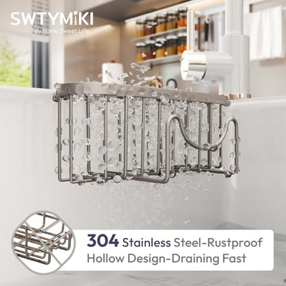 SWTYMIKI Sponge Holder for Kitchen Sink - Movable Kitchen Sink Caddy with M Hook Stainless Steel Hanging Sponges Caddy Organizer in Double Bowl Sinks Depth>3.15in, Middle Divider<1.5in, Sand Nickel L - color: Sand Nickel-large