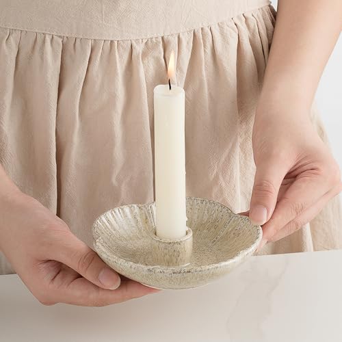 Ceramic Taper Candle Holder, Candlestick Holder with Tray Base | Stable round tray base helps hold taper candles securely while the polished ceramic finish adds a clean decorative look. - color: Camel