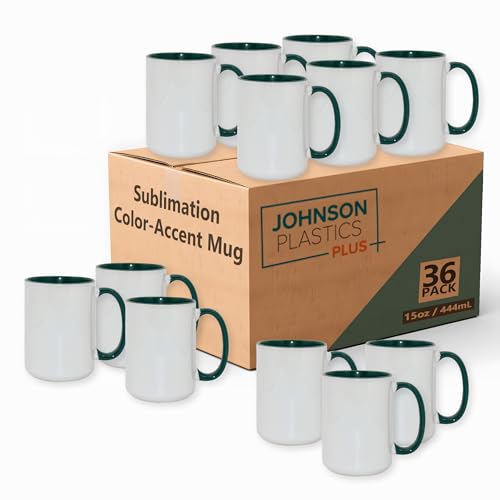 JPPlus 15oz Sublimation Mugs with Colored Handles & Interiors | Tazas para Sublimar, Bulk Mugs for Custom Designs & Branding | White Mugs Set of 12 or Case of 36- Green (36) - color: Green