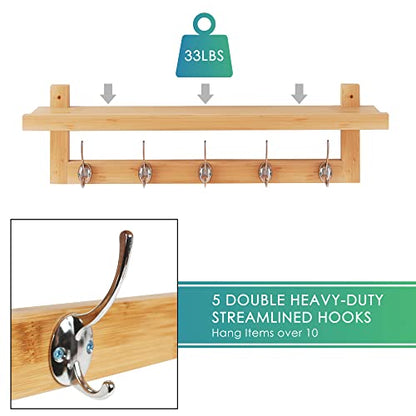 SMIBUY Coat Hooks with Shelf Wall-Mounted, 29.2 Inch Entryway Coat Rack for Wall, Bamboo Hanging Shelf with 5 Double Metal Hooks for Bathroom, Bedroom, Kitchen, Living Room, Mudroom (Natural) - color: Natural