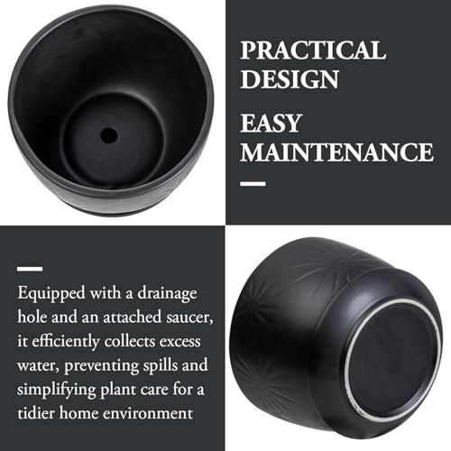 MyGift 7 Inch Black Ceramic Sunburst Planter Pot with Attached Saucer | Modern sunburst embossing adds texture and style to indoor greenery, while the drainage hole and attached saucer help protect - color: Matte Black